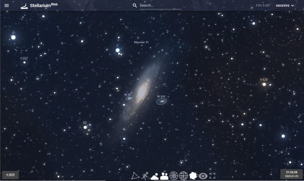 Stellarium FOV=5.00°に拡大した様子